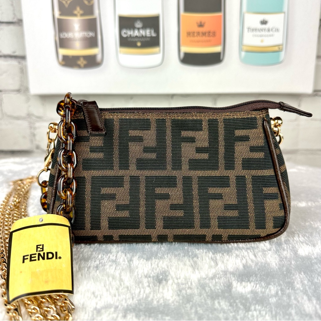 Fendi Zucca Canvas Pouch Crossbody, Bum Bag Or Shoulder Bag With Chains